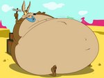 ambiguous_gender anthro belly big_belly bloated bodily_noises brown_body conversational_sign desert holding_object holding_sign inflation obese onomatopoeia overweight rumbling_stomach sign solo sound_effects text weight_gain kylestudios looney_tunes warner_brothers wile_e._coyote canid canine canis coyote mammal hi_res