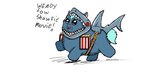 ambiguous_gender baby_talk belt blue_body blue_fur blue_hair clothing costume dialogue feral food fur hair popcorn shark_costume simple_background solo text white_background carniviousduck fluffy_pony fluffy_pony_(species) mammal english_text