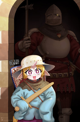 ambiguous_gender anthro armor bascinet_(helmet) blonde_hair breastplate chainmail chainmail_coif clothed clothing dialogue duo eyebrows eyelashes female glowing glowing_eyes greeting greeting_viewer hair halberd happy headgear helmet holding_object holding_weapon horn kettle_helmet knight looking_at_viewer male medieval medieval_armor melee_weapon metal_armor metal_helmet ominous open_mouth polearm purple_eyes shield shield_on_back sleeves_past_fingers smile star_pupils sword text warrior weapon wooden_sword gammainks mythology fiore_(gammainks) equid equine human mammal mythological_creature mythological_equine unicorn 2025 absurd_res artist_name digital_media_(artwork) hi_res