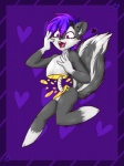 ambiguous_gender anthro belly big_eyes bisected blood bodily_fluids border candy_gore colored_blood countershading dipstick_limbs ear_piercing exposed_bone fur golden_blood gore grey_body grey_countershading grey_fur hair happy heart_symbol logo looking_at_self markings nude open_mouth painless_gore piercing purple_background purple_hair simple_background solo spine striped_markings striped_tail stripes tail tail_markings unusual_blood unusual_bodily_fluids white_belly white_body white_fur yellow_blood shadowmeere shiply mammal mephitid skunk 3:4 artist_logo digital_media_(artwork) signature watermark