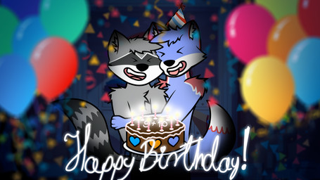 anthro balloon blue_body blue_fur cake confetti dessert duo food fur grey_body grey_fur happy inflatable male red_body red_fur standing white_body white_fur nimo mythology feenix_the_fox nimo_raccoon canid canine dragon fox hybrid mammal mythological_creature mythological_scalie procyonid raccoon scalie 16:9 4k absurd_res hi_res widescreen