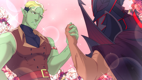 anime_style armor belt blonde_hair cape clothed clothing coat duo flower fully_clothed hair headgear helmet humanoid_pointy_ears male muscular muscular_male not_furry plant pointy_ears scar shirt sparkles topwear drawfee karina_farek drawfee_(copyright) drawtectives gyorik_rogdul human humanoid mammal orc digital_media_(artwork) official_art