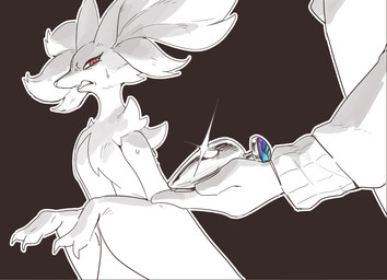 ambiguous_gender anthro black_background bodily_fluids buttplug duo dutch_angle faceless_character grimace holding_buttplug holding_object holding_sex_toy inner_ear_fluff looking_aside looking_at_another mega_stone mega_stone_buttplug open_mouth plug_(sex_toy) pupils red_eyes sex_toy simple_background slit_pupils sweat sweatdrop tuft upper_body xoty_233 nintendo pokemon delphox generation_6_pokemon human mammal pokemon_(species) 2025 greyscale line_art monochrome spot_color