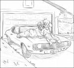 anthro black_border border car cuddling duo fluffy fluffy_tail garage garden hand_holding heart_symbol male romantic romantic_couple spiling tail vehicle arty_stu chevrolet canid canine canis domestic_dog mammal black_and_white monochrome sketch