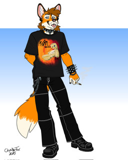 alternative_fashion anthro blue_eyes boots bottomwear bracelet brown_hair chain chain_bracelet cigarette cigarette_smoke clothing collar ear_piercing ears_up footwear fox_tail fur hair holding_cigarette holding_object jewelry looking_aside male necklace orange_body orange_fur pants piercing punk shirt shoes smoke solo spiked_bracelet spiked_collar spikes tail text text_on_clothing tongue tongue_out topwear white_body white_fur bartek22 korn chris_the_fox_(bartek22) canid canine fox mammal hi_res