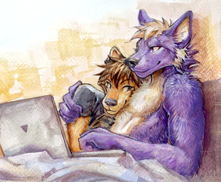 anthro anthro_on_anthro bed blonde_hair blue_eyes brown_hair clothed clothing computer cuddling duo electronics fur furniture glistening glistening_eyes grey_clothing grey_shirt grey_t-shirt grey_topwear hair head_on_chest laptop looking_at_another looking_at_partner male male/male mouth_closed orange_body orange_fur purple_body purple_eyes purple_fur shirt short_hair smile t-shirt tan_body tan_fur topless topless_male topwear tuft whiskers akatan_art canid canine fox mammal hi_res traditional_media_(artwork)