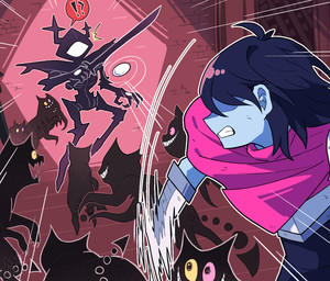 ambiguous_gender ambiguous_human antlers biped black_body black_fur black_hair blue_body blue_skin clothed clothing detailed_background egg feral fur group hair heterochromia holding_melee_weapon holding_object holding_sword holding_weapon horn hungry impending_doom interrobang melee_weapon pink_eyes sharp_teeth short_hair spade_tail speech_bubble spotlight surprised surrounded sword tail teeth throwing_object weapon yellow_eyes harac deltarune undertale_(series) friend_(deltarune) kris_dreemurr roaring_knight felid feline human humanoid mammal 2026 digital_drawing_(artwork) digital_media_(artwork) hi_res japanese_description signature watermark