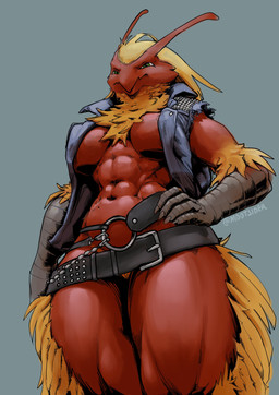 abs anthro avian_arms beak belt bottomless breasts clothed clothing feathers female female_anthro front_view green_eyes grey_background grey_clothing grey_topwear hand_on_hip medium_breasts mostly_nude muscular muscular_female navel neck_tuft red_body red_feathers simple_background solo thick_thighs topwear tuft wide_hips yellow_body yellow_feathers mootsider nintendo pokemon blaziken generation_3_pokemon pokemon_(species) absurd_res hi_res
