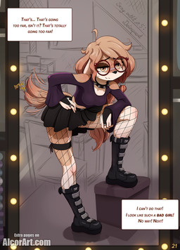 anthro biped black_nose boots bottomwear clothed clothing eyebrows eyewear female fingers fishnet_clothing fishnet_legwear footwear glasses hair legwear shoes skirt solo tail text alcorart conditional_dnp phoebe_(alcorart) bird_dog canid canine canis domestic_dog hunting_dog mammal spaniel 2025 digital_media_(artwork) english_text hi_res url