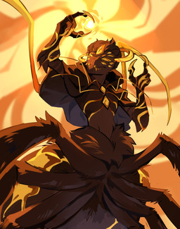 abstract_background brown_body brown_cape brown_clothing brown_fur cape clothing fangs front_view fur magic_user male male_taur mouth_closed multi_eye multi_leg multi_limb orange_lighting solo teeth yellow_eyes yellow_teeth corzh77 arachnid arthropod spider taur absurd_res hi_res