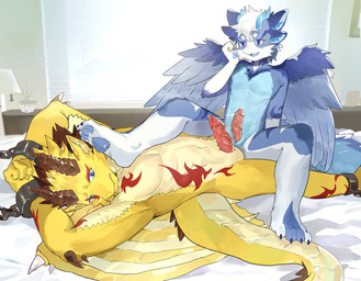 annoyed anthro athletic bdsm bed bed_bondage bedroom blue_body blue_pawpads bodily_fluids bondage bound cuff_(restraint) cum cum_string duo erection feathered_wings feathers feet foot_on_face foot_on_tail furniture genital_fluids genitals hair hand_on_face hands_above_head head_turned inside kemono lying male male/male membrane_(anatomy) membranous_wings mouth_closed nude pawpads penis restraints ridged_penis shackles sitting smile smirk spread_legs spreading straddling white_hair wings yellow_body feikangnie666 mythology dragon hybrid mythological_creature mythological_scalie scalie