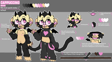 ambiguous_gender anthro bat_wings black_horn clothing collar ear_piercing freckled_face freckles gore heart_symbol horn membrane_(anatomy) membranous_wings pawpads paws piercing pink_heart pubes retractable_claws scar shock_collar solo staff wings monkiemp3 cappuccino_(monkiemp3) capuchin_monkey cebid demon haplorhine mammal monkey new_world_monkey primate 2025 absurd_res digital_media_(artwork) hi_res microsoft_paint_(artwork) model_sheet trans_(lore) trans_man_(lore)