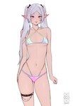 accessory bikini blep blush bow_ribbon breasts clothed clothing collarbone ear_piercing ear_ring eyebrows eyelashes female green_eyes hair hair_accessory hair_bow hair_ribbon humanoid_pointy_ears looking_at_viewer multicolored_bikini multicolored_clothing multicolored_swimwear navel not_furry piercing pointy_ears ribbons ring_piercing small_breasts solo swimwear thigh_belt tongue tongue_out twin_bows twin_hair_bows twintails_(hairstyle) two-piece_swimsuit white_hair quilm frieren_beyond_journey's_end frieren elf humanoid 2025 absurd_res hi_res