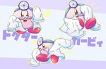 ambiguous_gender blue_eyes clothed clothing eyewear glasses looking_at_viewer medical_instrument open_mouth pink_body scientific_instrument smile solo text kirby_(series) nintendo doctor_kirby kirby waddling_head hi_res japanese_text