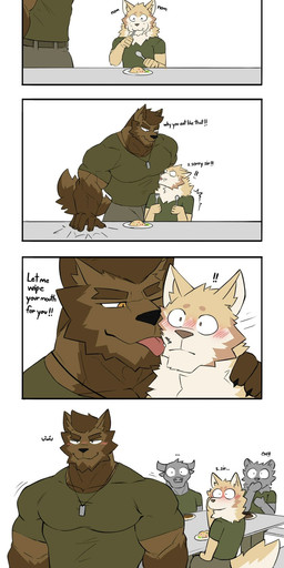 2_horns 5_fingers :3 ^_^ anthro barazoku belt bench biceps big_muscles blep blush bottomwear bovid_horn bovine_horn brown_body brown_countershading brown_eyebrows brown_eyes brown_fur brown_hair claws closed_smile clothed clothed_anthro clothed_male clothing countershade_arms countershade_face countershade_fur countershade_tail countershade_torso countershading cutlery dialogue dog_tags duo eating eating_food ellipsis exclamation_point eye_contact eyebrows eyes_closed face_lick finger_claws fingers fully_clothed fully_clothed_anthro fully_clothed_male fur furniture furrowed_brow green_clothing green_shirt green_topwear grey_bottomwear grey_clothing grey_pants group hair hand_on_another's_shoulder hand_on_leg hand_on_own_leg hand_on_own_mouth hand_on_own_thigh hand_on_shoulder hand_on_thigh head_horn holding_fork holding_spoon horn kitchen_utensils licking licking_another looking_at_another male male/male mouth_closed muscular muscular_anthro muscular_male on_bench onomatopoeia pants patreon_logo patreon_username pink_tongue plate pupils reverse_countershading shirt simple_background simple_eyes sitting sitting_at_table sitting_on_bench slam slit_pupils smile sound_effects spoon surprised table tail tan_body tan_fur text tongue tongue_out tools topwear uwu white_background white_body white_countershading white_fur white_sclera wide_eyed wolfblack43 patreon bovid bovine canid canine canis cattle domestic_dog felid mammal 2025 artist_name comic digital_drawing_(artwork) digital_media_(artwork) english_text hi_res