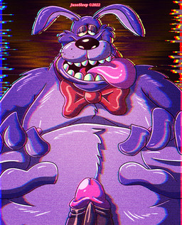 anthro aroused bow_tie breath fur genitals male overweight panting penis purple_body purple_fur solo tongue tongue_out jusosleep five_nights_at_freddy's scottgames bonnie_(fnaf) lagomorph leporid mammal rabbit hi_res