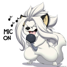 anthro electronics fur hair holding_object male microphone musical_note musical_symbol open_mouth solo symbol text white_body white_fur white_hair deonwolf deon_(deonwolf) canid canine canis mammal wolf 1:1 2017 digital_media_(artwork) english_text hi_res