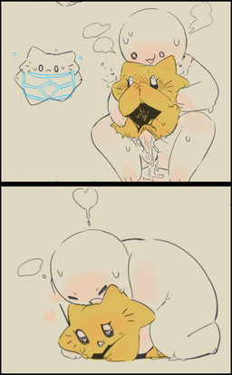 2_panel_comic anthro bodily_fluids chibi detailed_background duo female female_penetrated heart_symbol kemono larger_humanoid larger_male male male/female male_penetrating male_penetrating_female penetration sex size_difference smaller_anthro smaller_female sweat vaginal vaginal_penetration yellow_body seuppi humanoid unknown_species comic