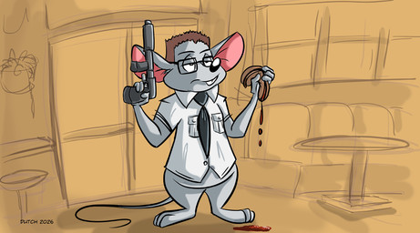 accessory anthro bottomless bottomless_anthro bottomless_male buckteeth burger clothed clothing deadpan eyewear food fur glasses gun hair half-closed_eyes holding_burger holding_food holding_gun holding_object holding_ranged_weapon holding_weapon male narrowed_eyes necktie paws ranged_weapon shirt solo standing tail teeth topwear weapon dutch_(artist) falling_down_(movie) mammal mouse murid murine rodent 2026 hi_res signature