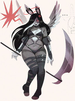 5_fingers alternative_fashion angry anthro armwear bare_shoulders black_bra black_clothing black_ears black_hair black_harness black_legwear black_panties black_thigh_highs black_thong black_underwear bra breasts cleavage clothed clothing collar collarbone countershade_neck countershade_torso countershading cross cross-popping_vein dipstick_ears ear_markings elbow_gloves feathered_wings feathers female female_anthro fingers flowing_hair footwear fur glaring gloves goth grey_body grey_fur grey_wings hair halo handwear harness lace legband legwear long_ears long_hair makeup markings mascara melee_weapon multicolored_body multicolored_ears multicolored_wings navel one_eye_obstructed open_mouth panties plantigrade pointy_ears polearm red_eyes red_halo running_makeup running_mascara scythe skimpy slightly_chubby slightly_chubby_anthro slightly_chubby_female small_breasts solo spiked_collar spikes standing stockings thigh_highs thong toeless_footwear toeless_legwear toeless_stockings torn_clothing torn_legwear torn_stockings underwear weapon white_breasts white_ear_tips white_hands wide_hips wings y_nose wolfertinger eris_(wolfertinger) angel fallen_angel lagomorph leporid mammal rabbit archived_source full-length_portrait hi_res portrait shaded nonbinary_(lore) trans_(lore) trans_man_(lore)