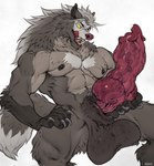 abs animal_genitalia animal_penis anthro areola balls biceps big_balls big_penis bodily_fluids canine_genitalia canine_penis eyebrows fur genital_fluids genitals grey_body grey_fur huge_balls huge_penis hyper hyper_balls hyper_genitalia hyper_penis knot licking licking_lips male muscular muscular_anthro muscular_male nipples nude open_mouth pecs penis precum sharp_teeth sheath solo tail teeth tongue tongue_out vein veiny_penis whiskers shepherdart mythology canid canine canis mammal mythological_canine mythological_creature werecanid werecanine werecreature werewolf wolf 2023 absurd_res digital_media_(artwork) hi_res