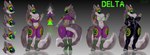 anthro breasts female fluffy fluffy_chest fur glowing glowing_markings latex machine markings multicolored_body multicolored_fur nude protogen_armor protogen_visor solo tail zhadart delta.b_the_protogen protogen hi_res model_sheet