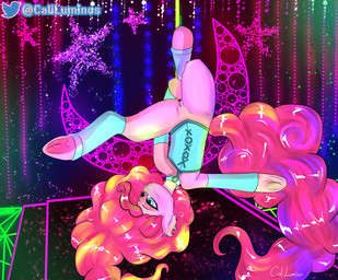 arm_warmers armwear clothing corset dancing female feral footwear jewelry leg_warmers legwear lingerie necklace nightclub on_stage pole pole_dancing socks solo stage stripper stripper_pole text topwear caliluminos friendship_is_magic hasbro my_little_pony pinkie_pie_(mlp) equid equine horse mammal pony absurd_res english_text hi_res