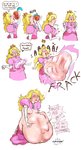 abdominal_bulge blonde_hair blue_eyes blush breast_squish breasts bulge butt clothed clothing clothing_lift clothing_pull crown double_cherry female group hair headgear magic narrowed_eyes nipples not_furry nude open_mouth oral_vore solo squish text tongue torn_clothing vore curiousss mario_bros nintendo princess_peach human mammal absurd_res comic english_text hi_res