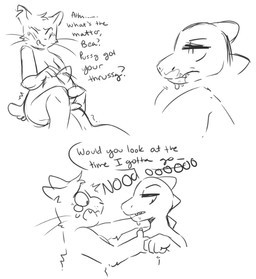 anthro bad_joke bodily_fluids breasts cunnilingus cute_fangs dialogue disappointed duo fangs female female/female frown fur genital_fluids hand_on_head humor looking_at_wrist narrowed_eyes nervous nude open_mouth oral porn_dialogue pun sex speech_bubble spikes spikes_(anatomy) tail talking_to_another talking_to_partner tears teeth text vaginal vaginal_fluids vaginal_fluids_on_face whiskers coolyiffer night_in_the_woods bea_santello mae_borowski crocodile crocodilian domestic_cat felid feline felis mammal reptile scalie 2017 black_and_white comic english_text monochrome sketch