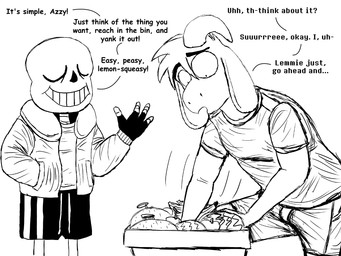 anthro basket bone container dialogue duo eyes_closed food fruit hand_in_pocket horn male plant pockets reaching skeleton text komododad deltarune undertale undertale_(series) asriel_dreemurr sans_(undertale) animated_skeleton boss_monster_(undertale) bovid caprine goat humanoid mammal undead 2025 4:3 black_and_white comic english_text hi_res monochrome