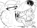 anthro anthro_pred anthro_prey close-up duo extreme_size_difference female female/female female_pred female_prey imminent_danger imminent_oral_vore imminent_vore in_mouth larger_female male nervous open_mouth outline sharp_teeth size_difference smaller_female smile spots teeth vore worried_look rick_griffin hyena mammal mouse murid murine rodent 2022 hi_res monochrome