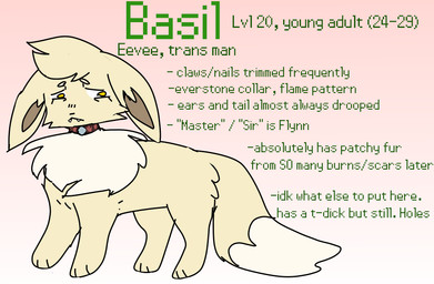 ambiguous_gender collar fangs feral frown fur head_tuft master solo teeth text tuft yellow_body yellow_fur snuffkitt3n nintendo pokemon basil_(snuffkitt3n) eevee generation_1_pokemon pokemon_(species) 2023 english_text model_sheet trans_(lore) trans_man_(lore)