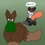 anthro balls big_balls big_butt big_penis black_body black_fur black_tail bottomless brown_body brown_fur brown_tail butt clothed clothing duo female fluffy fluffy_tail fur genitals green_eyes hyper hyper_genitalia jacket jacket_only legwear looking_at_another male penis profanity red_eyes speech_bubble sweater sweater_only tail text thick_thighs thigh_highs topwear topwear_only hyperfreakfem valance_(hyperfreakfem) canid canine domestic_cat felid feline felis fox hybrid mammal 1:1 hi_res