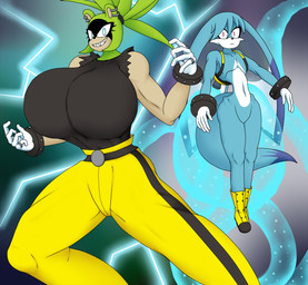 accessory backpack belt big_breasts blue_body blue_electricity blue_fur boots bottomwear bracelet breasts clothed clothing countershade_face countershading digit_ring dipstick_tail duo electricity eyelashes featureless_crotch female finger_ring floppy_ears footwear fur green_body green_fur hair hair_accessory hair_tie huge_breasts jewelry male male/female markings muscular muscular_female nude pants piercing shoes studded_bracelet studded_hair_tie studded_jewelry studs tail tail_markings tentacles tied_hair topwear torn_clothing torn_sleeves torn_topwear water_tentacles necrobern idw_publishing sega sonic_the_hedgehog_(comics) sonic_the_hedgehog_(idw) sonic_the_hedgehog_(series) kitsunami_the_fennec surge_the_tenrec afrosoricid canid canine canis domestic_dog fennec_fox fox hybrid mammal tenrec true_fox