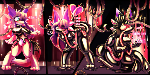 anthro breasts drone dronesuit dronification gameplay_mechanics gas_mask hypnosis latex mask mind_control pink_body pink_scales scales solo text transformation transformation_sequence tube latexm4n nora_(stove2) kobold scalie absurd_res english_text hi_res huge_filesize sequence