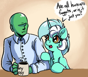 ?_face amber_eyes brown_background clothed clothing collared_shirt container cup dialogue dress_shirt duo female feral hair homophobic_slur horn mug multicolored_hair profanity shirt simple_background text text_on_mug topwear two_tone_hair witchtaunter friendship_is_magic hasbro my_little_pony mythology anon lyra_heartstrings_(mlp) equid equine human mammal mythological_creature mythological_equine unicorn 2017 english_text signature