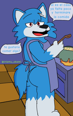 anthro apron apron_only artist_tag butt clothing food kitchen kitchen_utensils male solo soup text tools iriamu_okami iriamu canid canine canis mammal wolf hi_res spanish_text