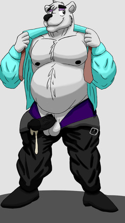 anthro balls belly black_nose bodily_fluids bottomwear clothing cum fur genital_fluids genitals humanoid_genitalia humanoid_hands humanoid_penis male overweight overweight_anthro overweight_male pants penis shirt simple_background solo topwear undressing white_body white_fur okrizo831 aggretsuko sanrio shirota_(aggretsuko) bear mammal polar_bear ursine 2019 9:16 hi_res