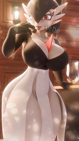 alternate_color big_breasts black_body black_hair breasts collarbone container cup drinking_glass eyelashes female glass glass_container glass_cup hair hair_between_eyes inside light light_beam looking_at_viewer not_furry open_mouth open_smile particles plant pokemorph pseudo_clothing pseudo_skirt red_eyes short_hair smile smiling_at_viewer solo sunbeam sunlight text thick_thighs tongue tongue_out white_body wide_hips wine_glass mrs_dexie nintendo pokemon elemental_creature flora_fauna gardevoir generation_3_pokemon humanoid pokemon_(species) 2026 3d_(artwork) 4k 9:16 absurd_res digital_media_(artwork) english_text hi_res