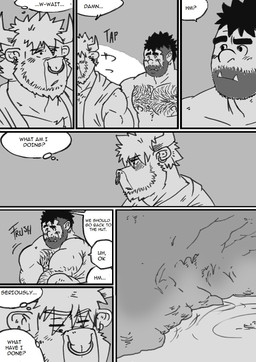 arm_hair blush body_hair cave chest_hair dialogue ear_piercing facial_piercing forearm_hair forearms hairy hairy_legs male nipples nose_piercing piercing pubes text water husky92 european_mythology greek_mythology mythology bovid bovine human humanoid mammal minotaur orc comic english_text hi_res monochrome multiple_scenes