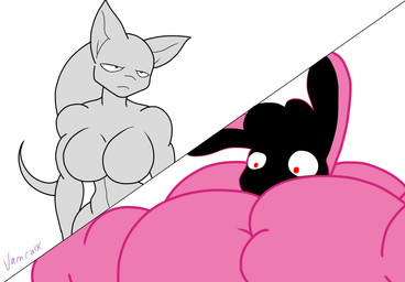 angry anthro athletic big_breasts breasts duo female flat_chested grey_body hyper muscular muscular_anthro muscular_female pink_body staring_up vamrack mewlia tuffy_(toonpower) demon lagomorph leporid mammal rabbit hi_res
