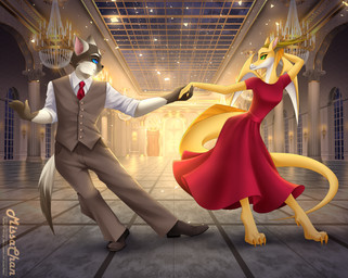 anthro barefoot black_nose blue_eyes clothed clothing dancing digitigrade dress duo feet female footwear gloves_(marking) green_eyes male male/female markings membrane_(anatomy) membranous_wings necktie scales shoes tail wings yellow_body yellow_scales missachan dreamkeepers nainso_ziska_ii tia_(dreamkeepers) aquatic domestic_cat felid feline felis fish mammal seahorse syngnathid syngnathiform hi_res