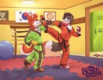 anthro barefoot brown_eyes brown_hair collar duo feet fight fur green_eyes hair looking_at_another male orange_body orange_fur south_korean_flag tonydunkel canid canine canis domestic_dog mammal hi_res