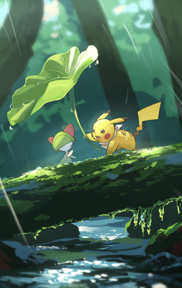 ambiguous_gender brown_eyes duo feral forest forest_background green_pseudo_hair holding_object leaf leaf_umbrella male markings moss nature nature_background obscured_eyes open_mouth plant pseudo_hair raining striped_markings stripes tail tongue tree water white_body yellow_body hakkentai_pkdn nintendo pokemon pokemon_mystery_dungeon spike_chunsoft generation_1_pokemon generation_3_pokemon humanoid pikachu pokemon_(species) ralts 2025 hi_res