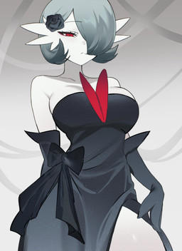 armwear black_clothing black_dress bow_ribbon breasts clothing dress elbow_gloves female female_humanoid flower gloves grey_hair hair hand_on_leg hand_on_thigh handwear looking_at_viewer looking_down looking_down_at_viewer medium_breasts plant red_eyes ribbons rose_(flower) shoulderless_clothing solo sparkles sparkling_clothing sparkling_dress white_body chunniwa nintendo pokemon gardevoir generation_3_pokemon humanoid pokemon_(species) absurd_res hi_res