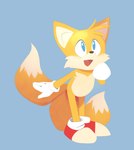 anthro blue_background blue_eyes cheek_tuft clothing dipstick_tail facial_tuft footwear fur gloves handwear head_tuft markings open_mouth open_smile shoes simple_background smile solo tail tail_markings tuft white_body white_fur yellow_body yellow_fur b-epon sega sonic_the_hedgehog_(series) miles_prower canid canine fox mammal 2023 absurd_res hi_res