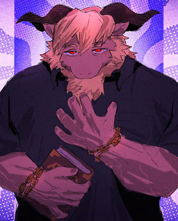 2_horns 5_fingers anthro blonde_hair clothed clothed_anthro clothed_male clothing fingers hair horn humanoid_hands male red_eyes solo suna_sand1 lifewonders tokyo_afterschool_summoners azazel_(tas) bovid caprine goat mammal hi_res