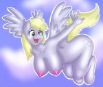 2013 anthro anthrofied areola big_breasts blonde_hair breasts cloud cutie_mark derpy_hooves_(mlp) equid equine feathered_wings feathers female flying friendship_is_magic fur grey_body grey_feathers grey_fur hair hanging_breasts happy hasbro mammal my_little_pony mythological_creature mythological_equine mythology nipples nude outside pegasus skidd sky skyscape solo tail wings yellow_eyes