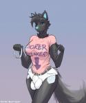 2019 5:6 anthro aurora_(lufty) balls big_breasts bioluminescence biped black_body black_fur black_hair blue_eyes bottomwear breasts bulge canid canine canis choker clothed clothing collar digital_media_(artwork) dominant dominant_gynomorph dominant_intersex english_text fur genitals glowing gynomorph hair hi_res intersex jewelry looking_at_viewer lufty mammal meme necklace penis shirt shorts simple_background solo text text_on_clothing text_on_shirt text_on_topwear topwear until_it_snaps wolf