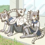 5_toes ambiguous_gender barefoot clothed clothing feet female group humanoid_feet kemono male plantigrade school_uniform shorts_under_skirt sunbathing toes trio uniform ekaki510 lemur mammal primate ring-tailed_lemur strepsirrhine 1:1